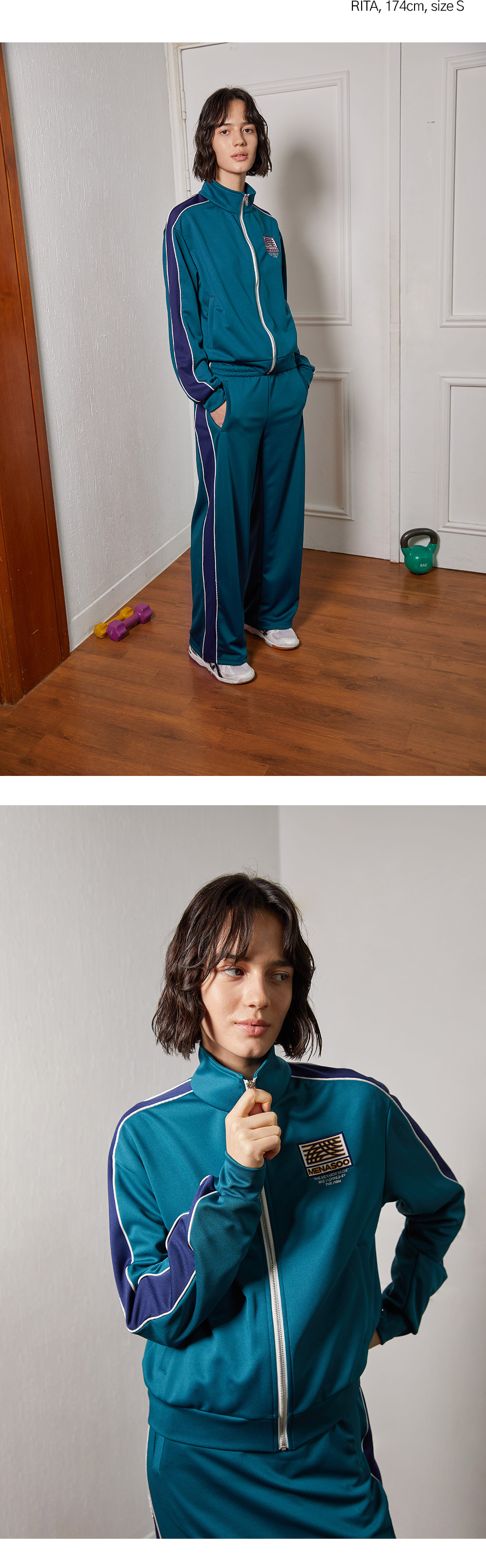 미나수(MENASOO) 사이드라인 포인트 팬츠_그린 착용컷