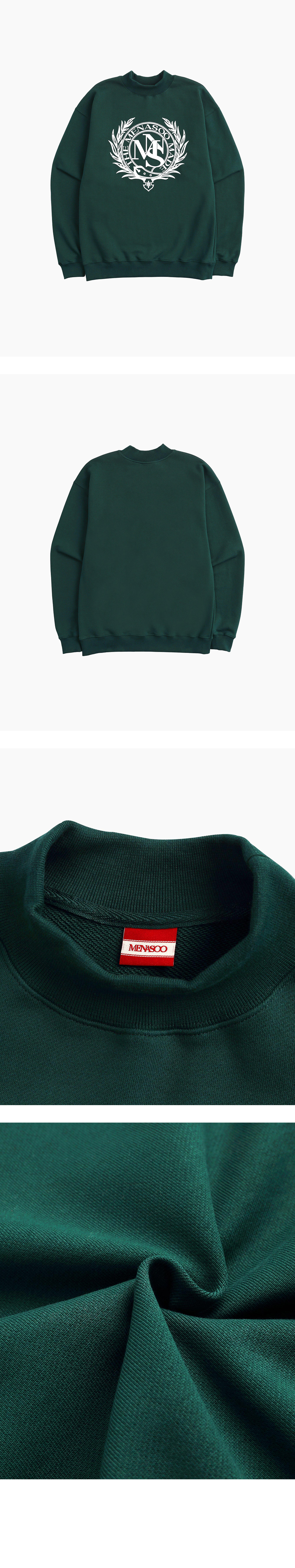 미나수(MENASOO) 남여공용 헤리티지 엠블럼 모크넥 스웻셔츠 그린 상품컷
