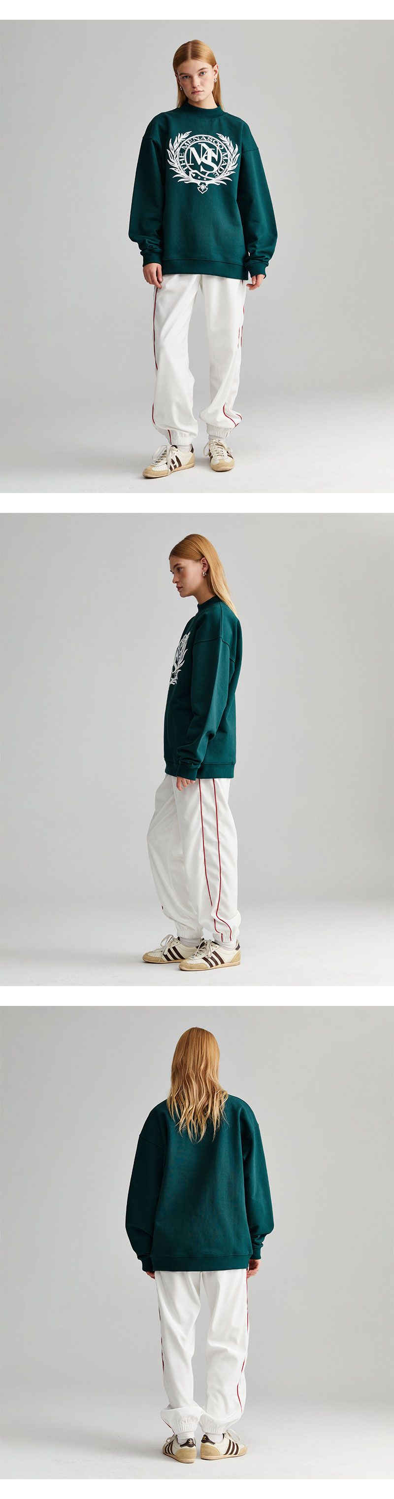 미나수(MENASOO) 남여공용 헤리티지 엠블럼 모크넥 스웻셔츠 그린 착용컷