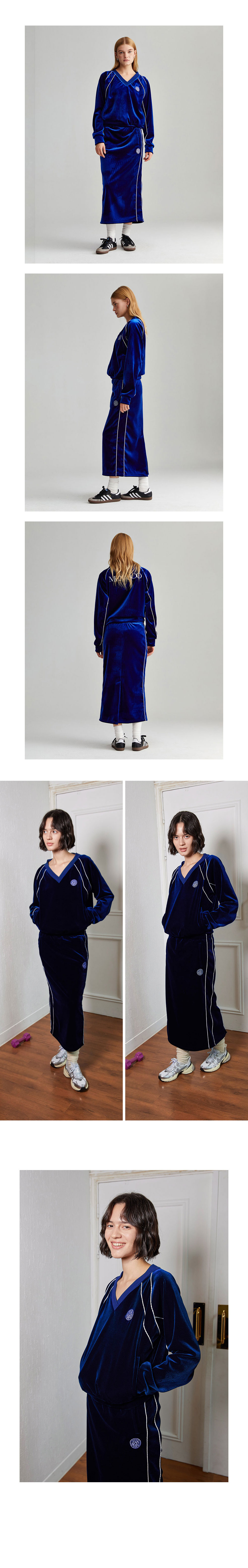 미나수(MENASOO) 벨벳 브이넥 스웻 탑_네이비 룩북