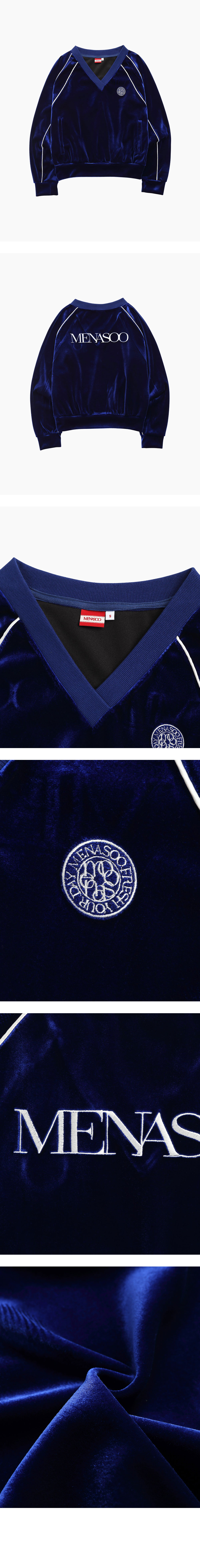 미나수(MENASOO) 벨벳 브이넥 스웻 탑_네이비 상품컷