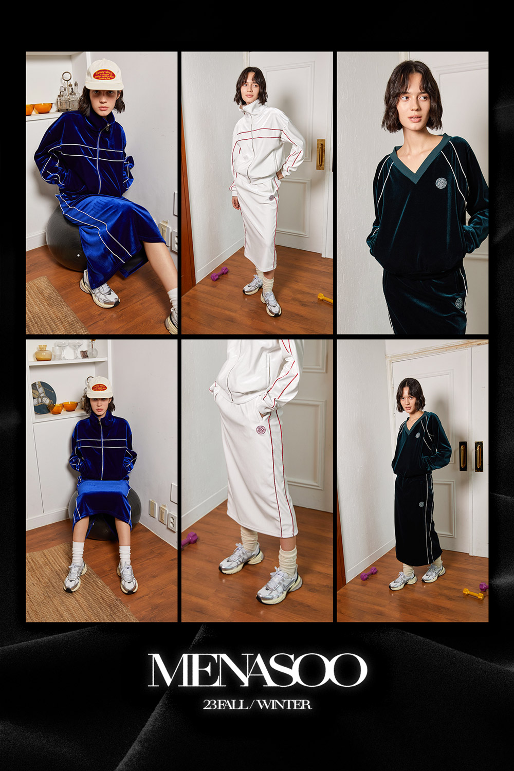 미나수(MENASOO) 벨벳 트랙 롱스커트_네이비 인트로이미지