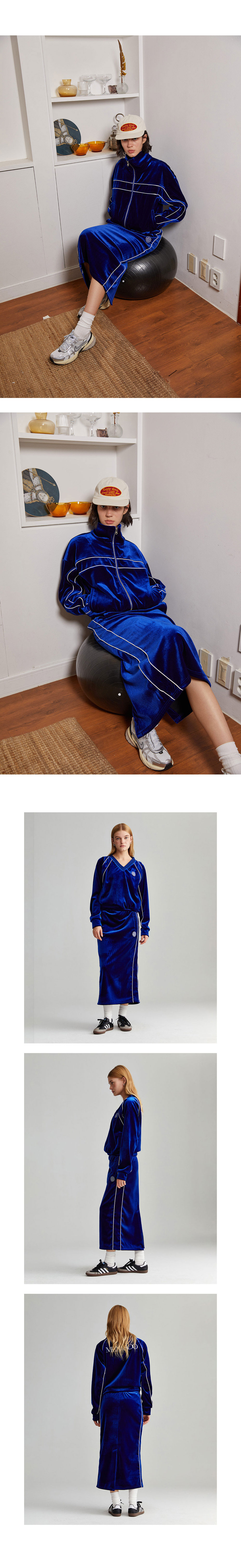 미나수(MENASOO) 벨벳 트랙 롱스커트_네이비 룩북