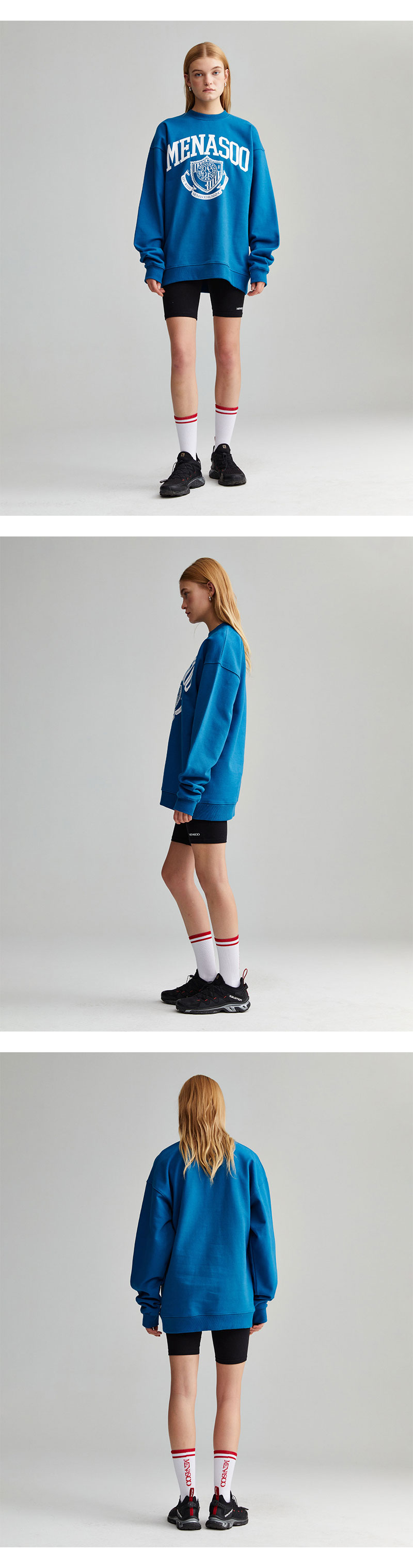 미나수(MENASOO) 남여공용 클래식 엠블럼 스웻셔츠_블루 착용컷