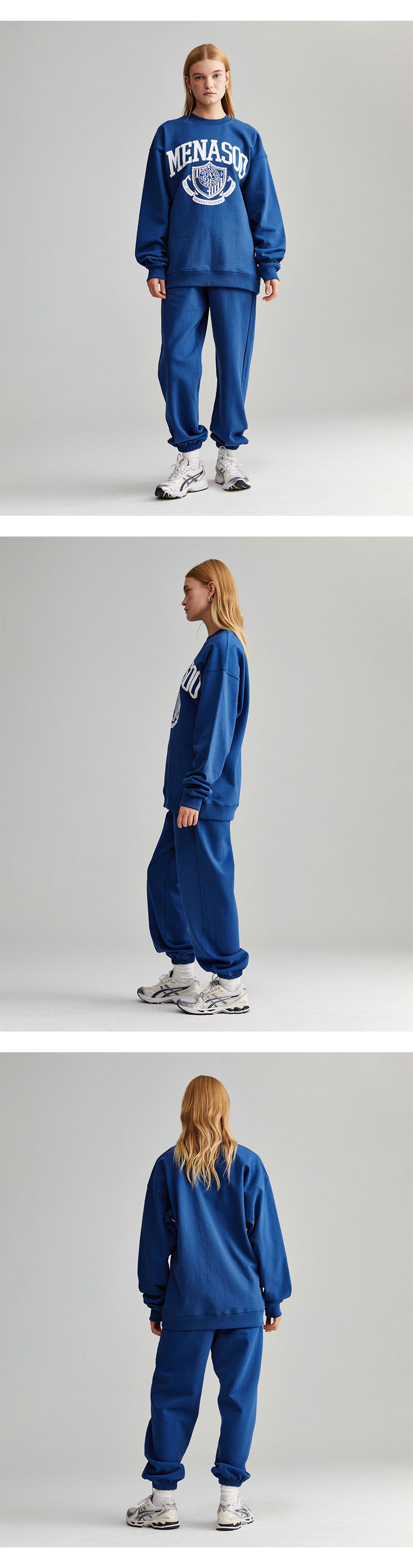 미나수(MENASOO) 남여공용 클래식 엠블럼 스웻셔츠_네이비 착용컷