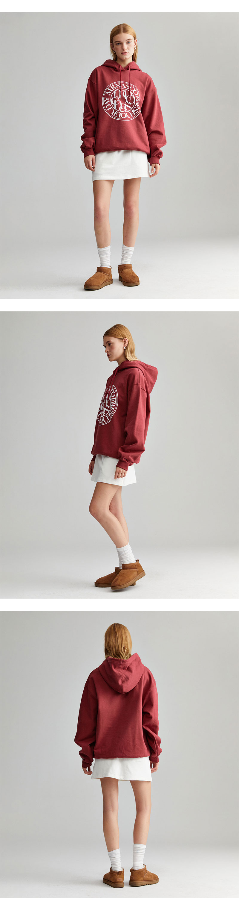 미나수(MENASOO) 써클 레터링 로고 후디_빨강 룩북