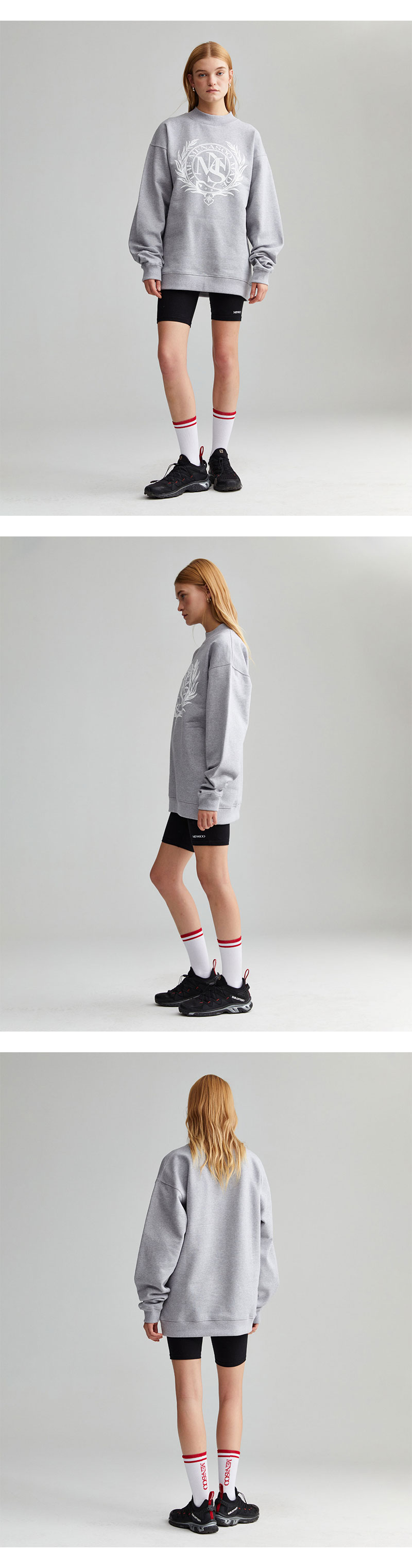 미나수(MENASOO) 남여공용 써클 레터링 로고스웻셔츠_그레이 착용컷