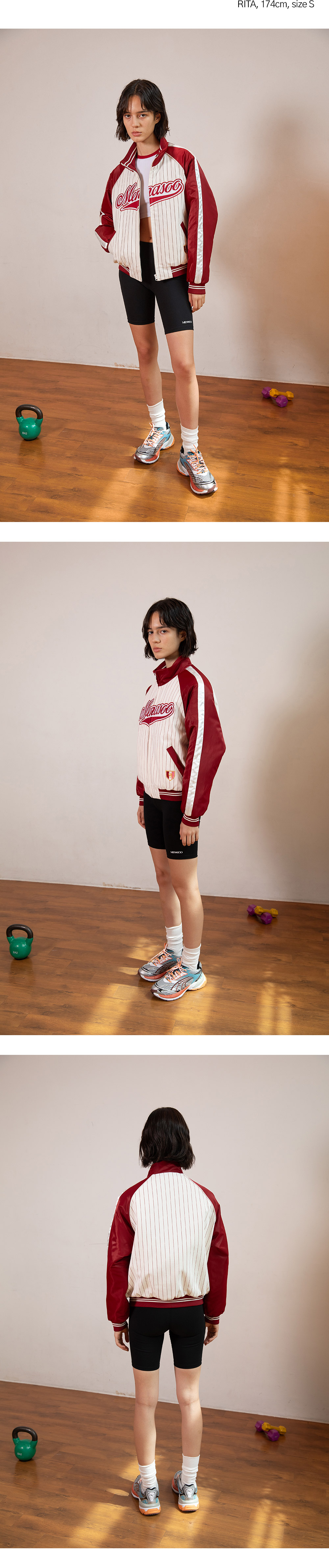 미나수(MENASOO) 베이스볼 점퍼 레드 착용컷