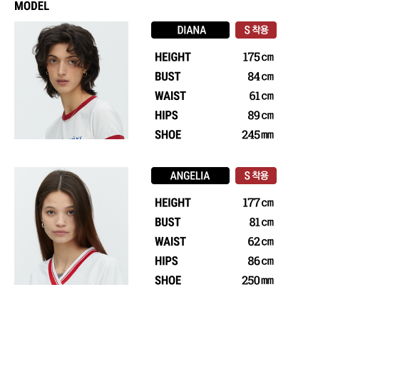 모델 신체 정보와 모델이 착용한 사이즈 안내