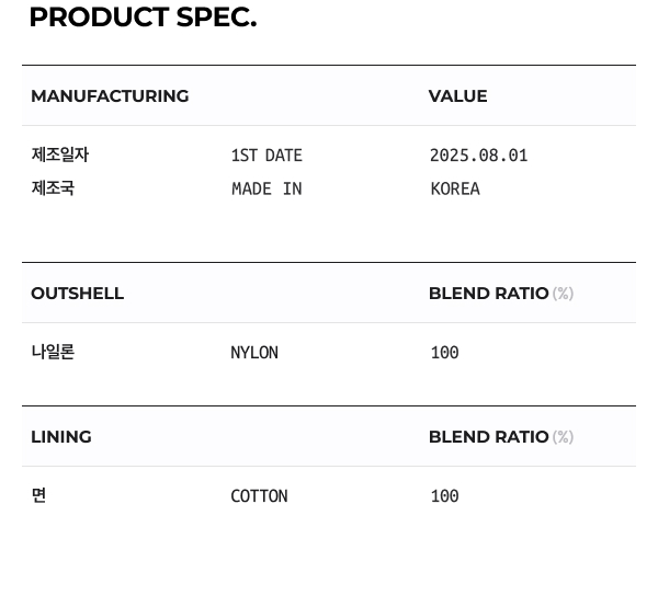 상품 스펙: 혼용률, 제조년월일, 제조국 등