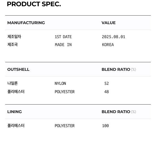 상품 스펙: 혼용률, 제조년월일, 제조국 등