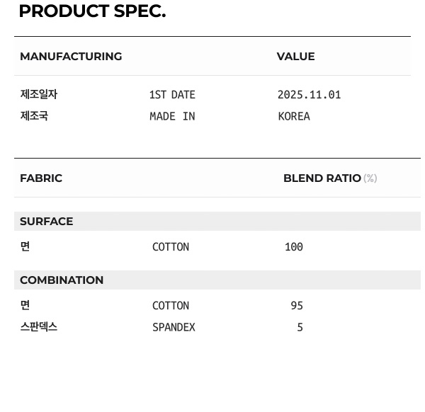 상품 스펙: 혼용률, 제조년월일, 제조국 등