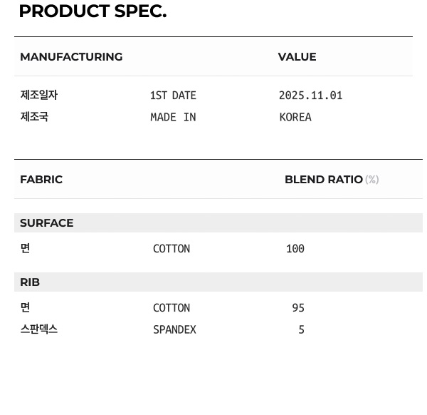 상품 스펙: 혼용률, 제조년월일, 제조국 등