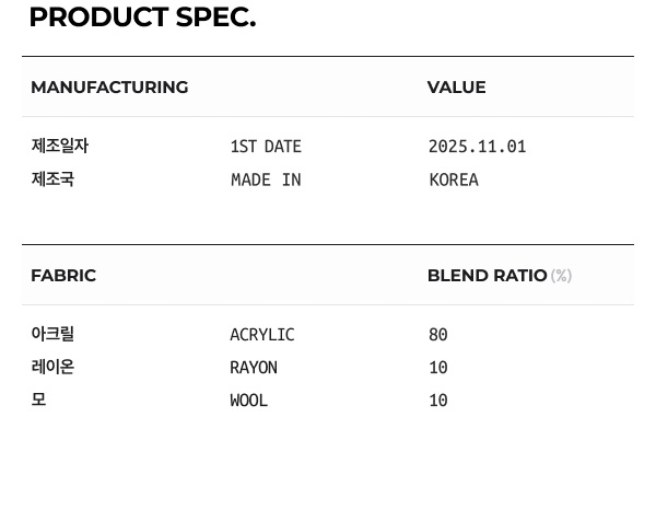 상품 스펙: 혼용률, 제조년월일, 제조국 등