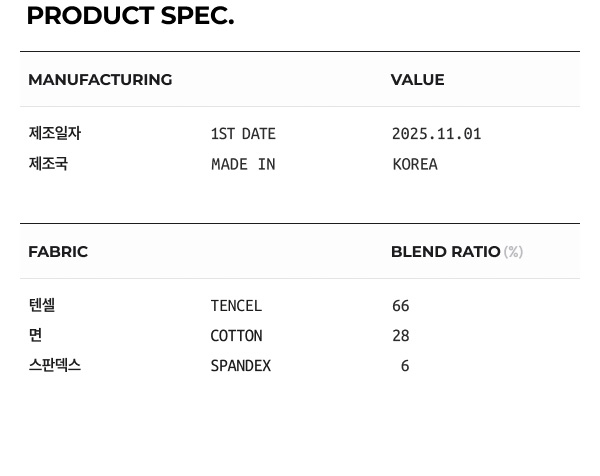 상품 스펙: 혼용률, 제조년월일, 제조국 등