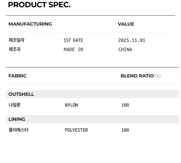 상품 스펙: 혼용률, 제조년월일, 제조국 등