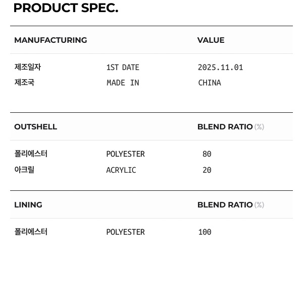 상품 스펙: 혼용률, 제조년월일, 제조국 등