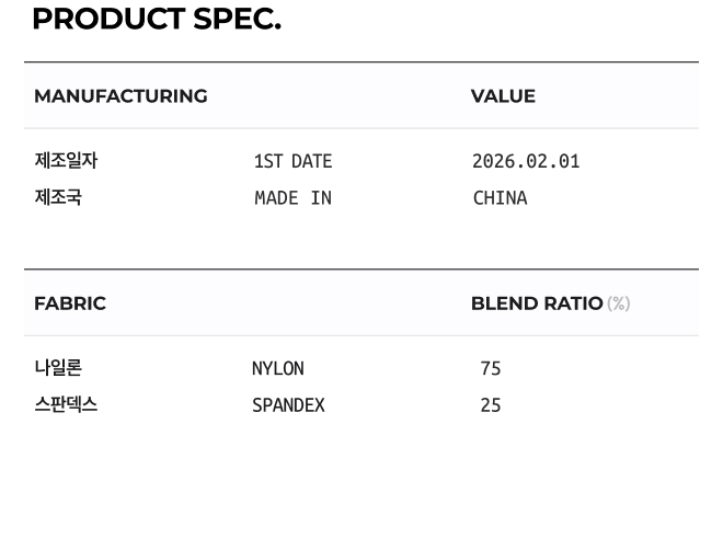 상품 스펙: 혼용률, 제조년월일, 제조국 등